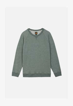 Sudadera de manga larga con cuello redondo en verde apagado con puños y bajo acanalados, con un pequeño logo naranja de elefante en el interior del cuello.