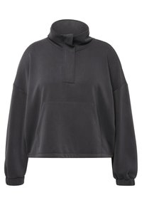 Szara, krótka bluza z wysokim kołnierzem, kieszenią z przodu i luźnymi rękawami. Gładka faktura materiału z minimalnymi detalami szwów.