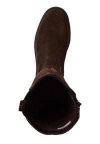 Brauner Wildleder-Stiefelette mit abgerundetem Zehenbereich, Reißverschluss an der Seite und weichem Innenfutter. Die Außenseite zeigt eine glatte Textur und minimalistisches Zubehör.