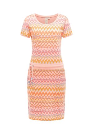 Kortærmet kjole til knæet med pink, orange og gul zigzag-mønster samt en taljebånd med dekorative snore.