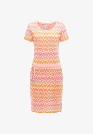 Korte mouwen, knielange jurk met een zigzagpatroon in roze, oranje en geel, en een tailleband met decoratieve aantrekkoorden.