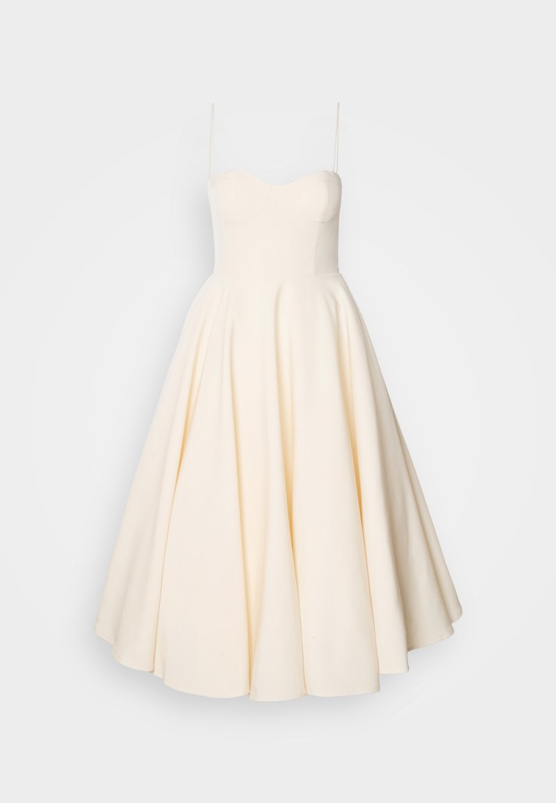 A-Linie trägerloses Kleid in Creme, mit einem eng anliegenden Oberteil, einem ausgestellten Rock und glatter Textur. Einfaches und elegantes Design ohne Muster.