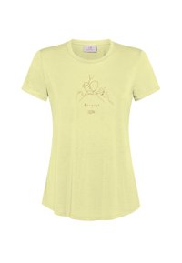 Jasnożółta koszulka z krótkim rękawem wykonana z miękkiego materiału, z minimalistycznym brązowym rysunkiem dłoni oraz napisem „Re-pose” poniżej.