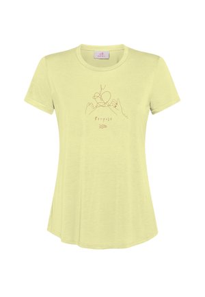 Hellgelbes kurzärmeliges T-Shirt aus weichem Stoff, mit einer minimalistischen braunen Linienzeichnung von Händen und dem Schriftzug "Re-pose" darunter.