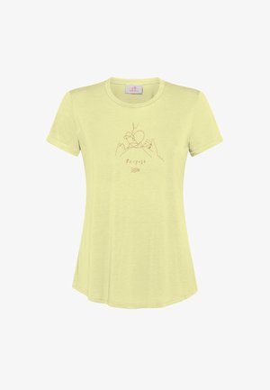 Lichtgeel T-shirt met korte mouwen van zacht stof, met een minimalistische bruine lijntekening van handen en de tekst "Re-pose" eronder.