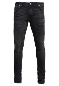 Svarta slim-fit denim jeans med framlommer, bältesloopar, knappstängning och subtila urtvätta detaljer på låren och knäna.