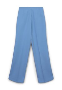 Helle blaue, weit geschnittene Hose aus glattem Stoff. Mit vorderen Falten und einem klaren, minimalistischen Design ohne sichtbare Beschläge.