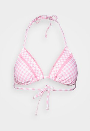 Rosa Karobikini-Oberteil aus Gingham mit einer Schleifenverschluss. Mit Rüschenkanten und verstellbaren Trägern, die ein karierter Muster präsentieren.