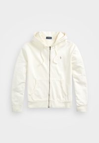 Biała bluza z kapturem na zamek błyskawiczny, z przednimi kieszeniami, regulowanym kapturem i małym haftowanym logo na lewej piersi.