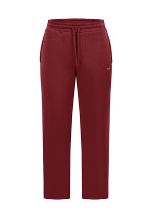 Pantaloni felpati rossi realizzati in tessuto morbido, con elastico in vita e cordino, tasche laterali e design a gamba dritta.