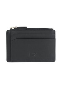 Portacarte in pelle nera con più scomparti per carte, un vano con cerniera e dettaglio del logo in rilievo. Texture liscia e design minimalista.