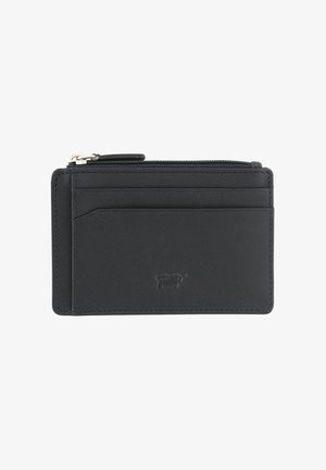 Schwarzer Leder-Kartenhalter mit mehreren Kartenfächern, einem Reißverschlussfach und geprägtem Logodetail. Glatte Textur und minimalistisches Design.