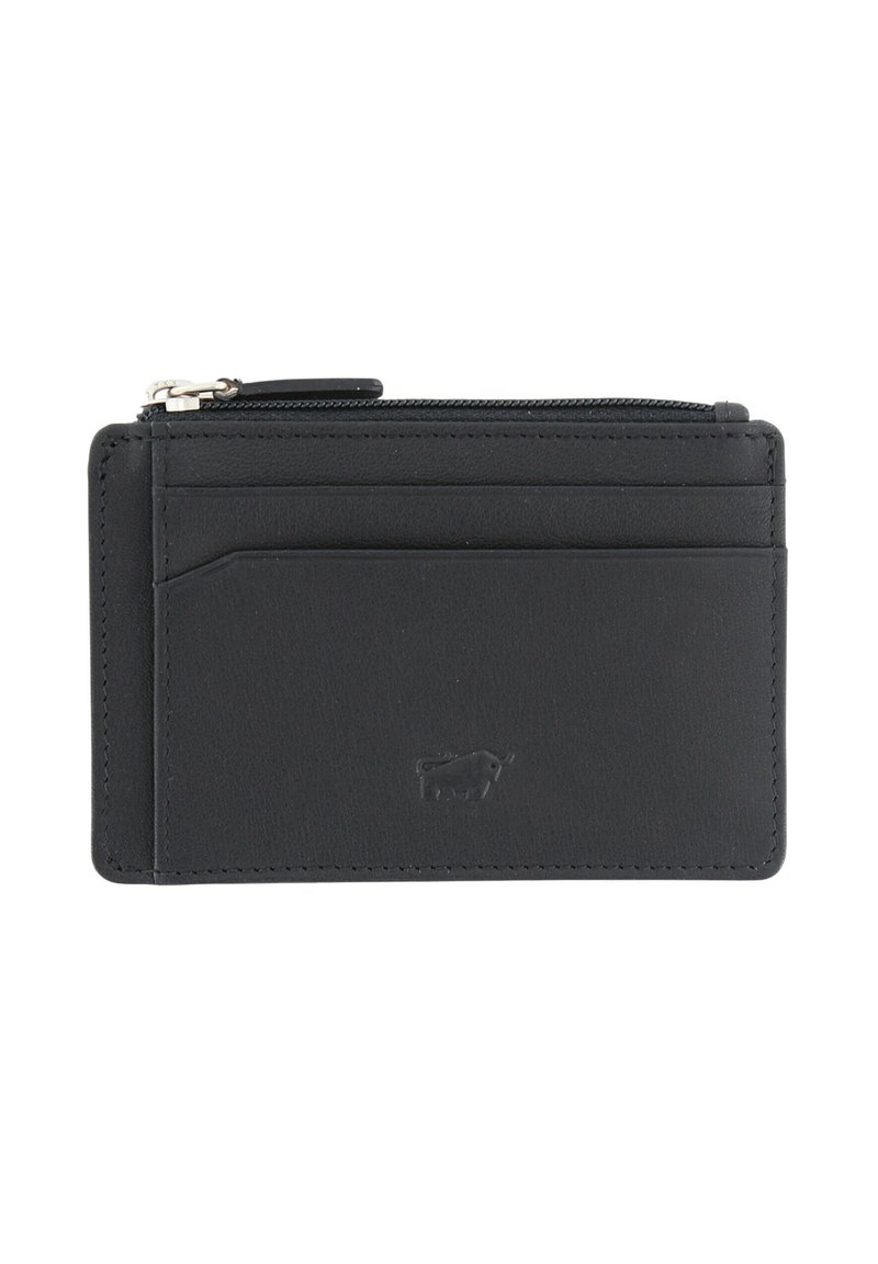 Portacarte in pelle nera con più scomparti per carte, un vano con cerniera e dettaglio del logo in rilievo. Texture liscia e design minimalista.
