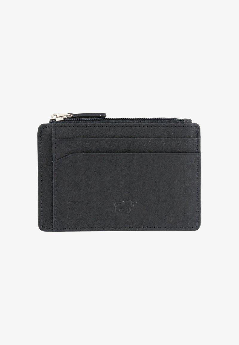 Portacarte in pelle nera con più scomparti per carte, un vano con cerniera e dettaglio del logo in rilievo. Texture liscia e design minimalista.