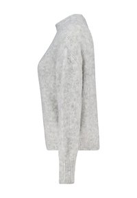 Light grey sweater with a high neckline, knitted texture, and ribbed cuffs. Features a boxy silhouette and soft, fuzzy fabric.