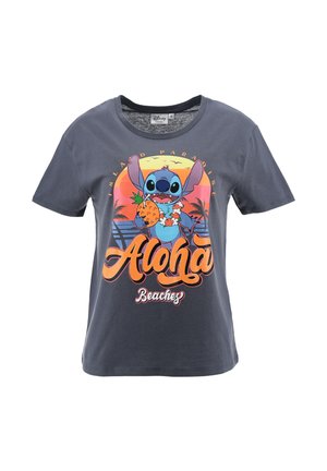 Dark gray T-shirt with cartoon character Stitch holding a pineapple, surrounded by palm trees, sunset, and "Aloha Beaches" text.