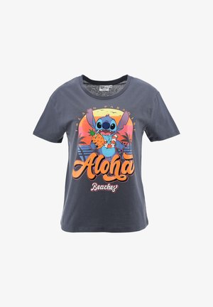 Dark gray T-shirt with cartoon character Stitch holding a pineapple, surrounded by palm trees, sunset, and "Aloha Beaches" text.