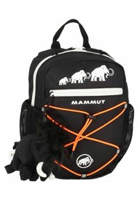 Zaino nero con design di mammuth bianchi, corde bungee arancioni e un peluche di mammuth attaccato. Dotato di manico superiore e tasche con zip.