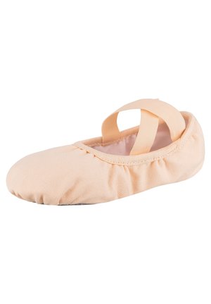 Ballet slipper in soft peach fabric with a rounded toe, elastic straps, and gathered edges for a secure fit. Smooth sole for flexibility.