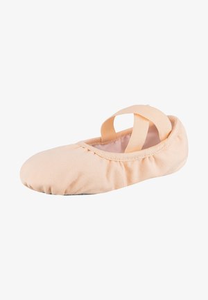 Ballettschuh aus weichem Pfirsichstoff mit runder Spitze, elastischen Riemen und gerafften Kanten für einen sicheren Sitz. Glatte Sohle für Flexibilität.