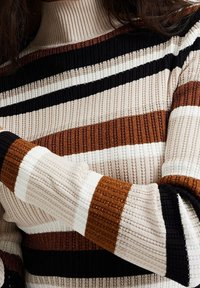 Maglione lavorato a maglia con righe verticali in beige, marrone, nero e bianco. Collo alto e trama a coste con una finitura scintillante.