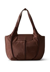 Brown textured tote bag with two shoulder straps, a flat top flap, and a slightly rounded shape; features subtle detailing along the edges.