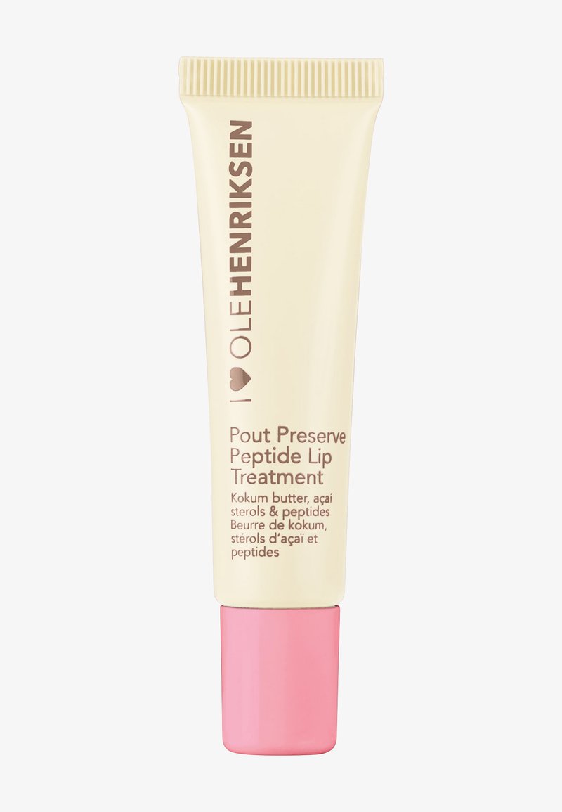 Trattamento labbra al peptide in un tubo da 15 ml. Corpo beige cremose con tappo rosa. Testo marrone; presenta gli ingredienti in inglese e francese.