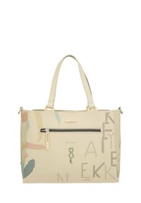 Bolso beis con un acabado texturizado, que presenta patrones abstractos coloridos, un bolsillo con cremallera y dos asas cortas.