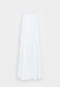 Vestido de alças sem mangas em azul claro, com um topo franzido e um design de saia em camadas. Feito de um tecido suave, apresenta alças finas e uma silhueta fluida.