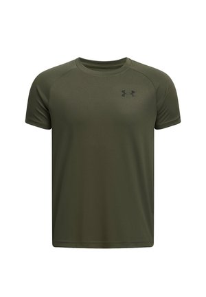 Olivgrünes, kurzärmliges Performance-T-Shirt aus glattem, synthetischem Material. Verfügt über ein schwarzes Logo im oberen linken Brustbereich.