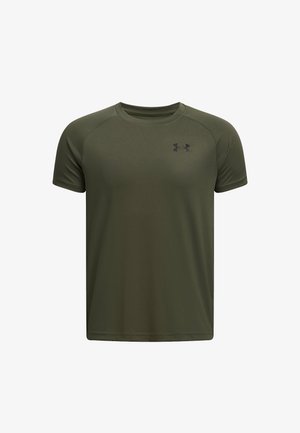 Alyvuogių žalios spalvos trumpomis rankovėmis sportinė marškinėliai, pagaminti iš lygaus sintetinio audinio. Ant viršutinės kairės krūtinės pusės yra juodas logotipas.