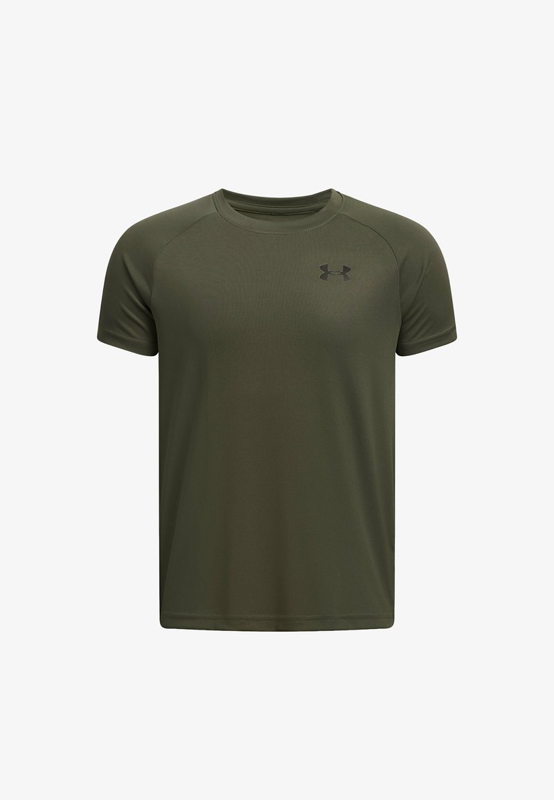 Õliväärise roheline lühikeste varrukatega spordipaita, mis on valmistatud siledast sünteetilisest kangast. Esiküljel vasakus ülanurgas on must logo.