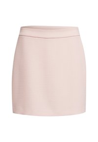 Helle rosa Rock aus strukturiertem Stoff, mit geradem Schnitt und glattem Bund. Einfaches Design ohne zusätzliche Verzierungen.