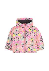 Gevoerde jas met capuchon, voorzien van een kleurrijk abstract patroon in roze, geel, grijs en zwart. Voorzien van een ritssluiting aan de voorkant en twee zijzakken.