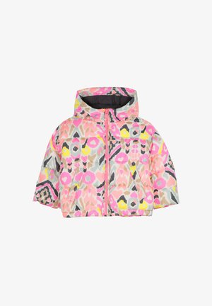 Gevoerde jas met capuchon, voorzien van een kleurrijk abstract patroon in roze, geel, grijs en zwart. Voorzien van een ritssluiting aan de voorkant en twee zijzakken.