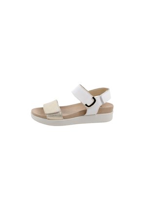 Sandalo aperto con suola beige, cinturini bianchi e in oro metallizzato e fibbia nera, progettato per un uso casual.