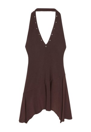 Robe marron foncé sans manches avec col licou en V plongeant et clous argentés, dotée d'un ourlet asymétrique évasé.