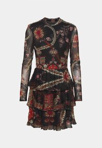 Robe à manches longues avec col montant ; tissu noir orné de motifs floraux colorés ; volants plissés à plusieurs niveaux à l'ourlet ; accents transparents.