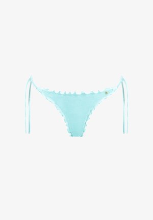 Light blue bikini bottom with a scalloped edge, adjustable tie sides, and a soft texture. Features a small gold logo detail.
