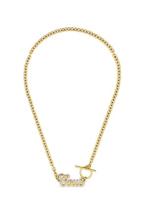 Goldene Kettenhalskette mit Knebelverschluss und einem Anhänger mit einem gold- und silberfarbenen Schriftzug "Tous" Namensschild.