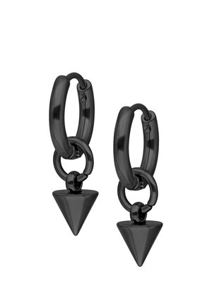 Black hoop earrings featuring a chain link design with a triangular pendant. Made of shiny metal, showing smooth texture and angular shape.