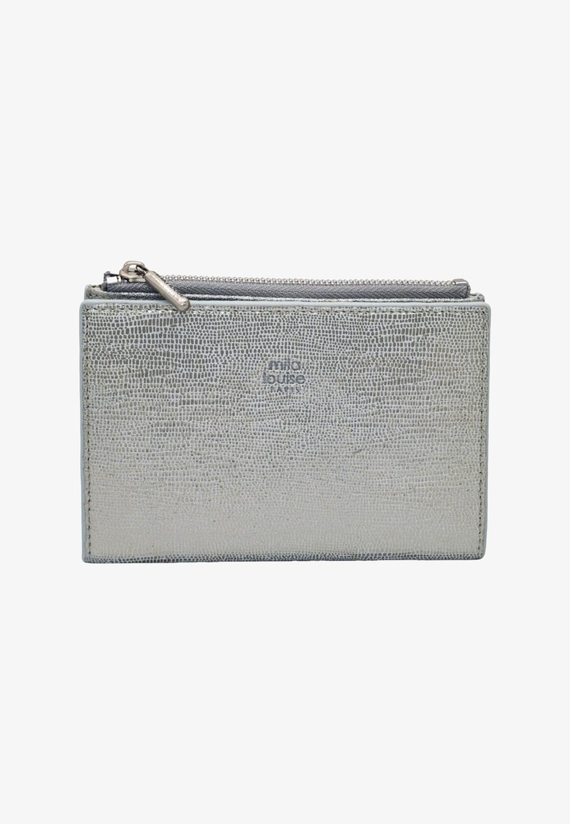 Porte-cartes texturé argent avec pochette à monnaie zippée, design mince et logo subtilement embossé à l'avant.