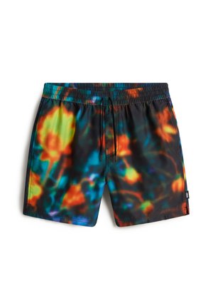Bunte Badehosen mit einer Mischung aus grünen, orangen und blauen Mustern auf schwarzem Hintergrund. Mit einem elastischen Bund und Kordelzug.