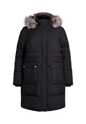 Cappotto puffa nero con cappuccio foderato in pelliccia sintetica, texture trapuntata, due tasche frontali con chiusura a scatto e design a taglio dritto.
