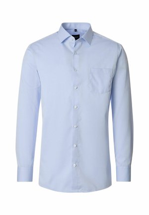 Hellblaues Hemd mit langen Ärmeln, Frontknöpfen, einer Brusttasche auf der linken Seite und einem klassischen Kragen.