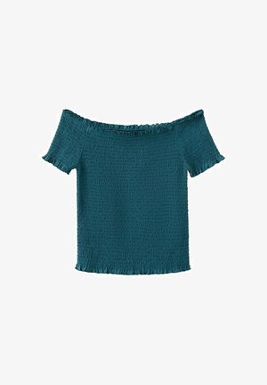Teal off-shoulder smock-top med korte ærmer og flæsekant på halsudskæring, ærmer og kant.