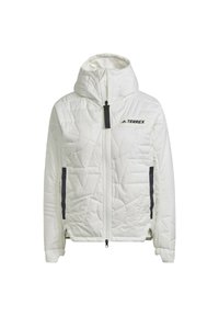 Veste blanche matelassée à capuche avec fermeture éclair frontale, tirettes de fermeture éclair noires, poches latérales et logo "TERREX" sur la poitrine.