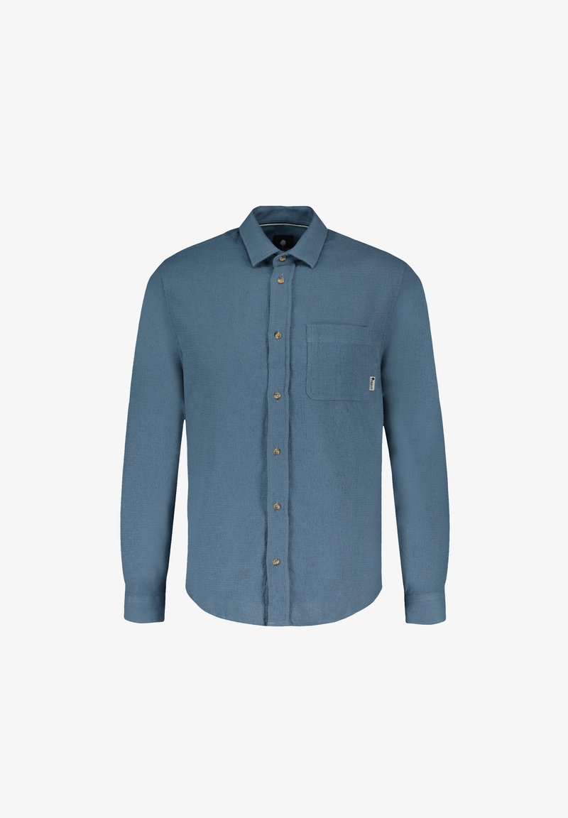 Blauwe langemouwen overhemd met knopen, gemaakt van textuurstof, met een borstzak en bruine knopen langs de voorste knoopsluiting.