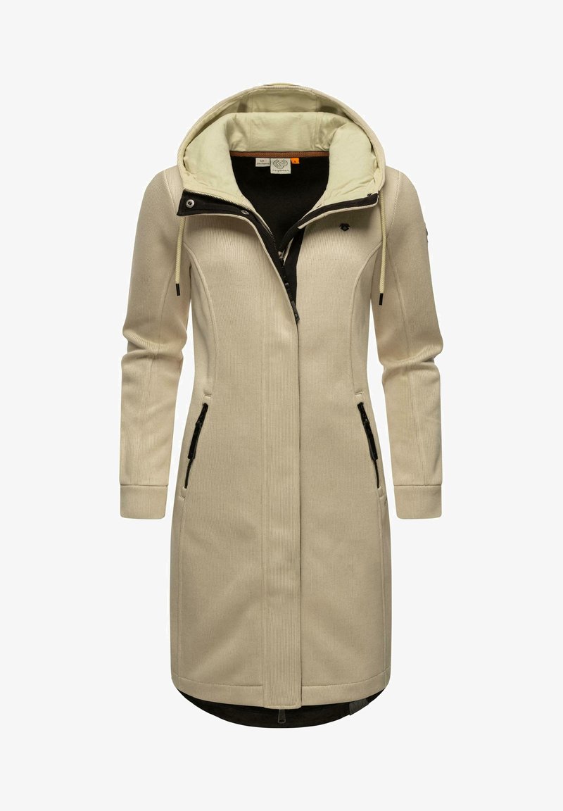Cappotto lungo fino al ginocchio in beige chiaro con una finitura texturizzata, cappuccio staccabile e tasche con zip nere. Presenta una chiusura frontale con zip.