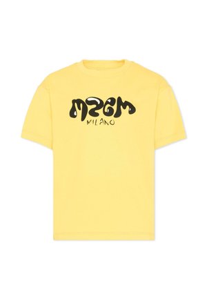 Żółta koszulka z krótkim rękawem z czarnym stylizowanym napisem „MSGM” oraz mniejszym napisem „Milano” drukowanym na środku przodu.